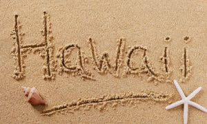 Hawaii written in the sand with a brown shell on the left and a white starfish on the right