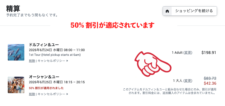 イルカツアーとパーティーボートクルーズのコンボパッケージディール　お得な５０％割引
