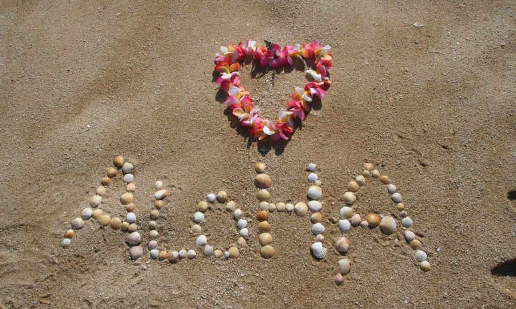Aloha spelt out with shells with a lei above it on the sand