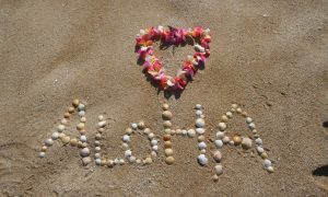 Aloha spelt out with shells with a lei above it on the sand