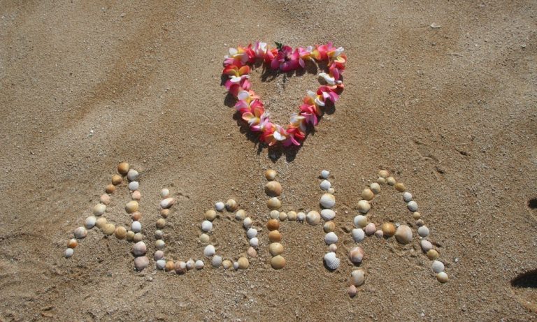 Aloha spelt out with shells with a lei above it on the sand